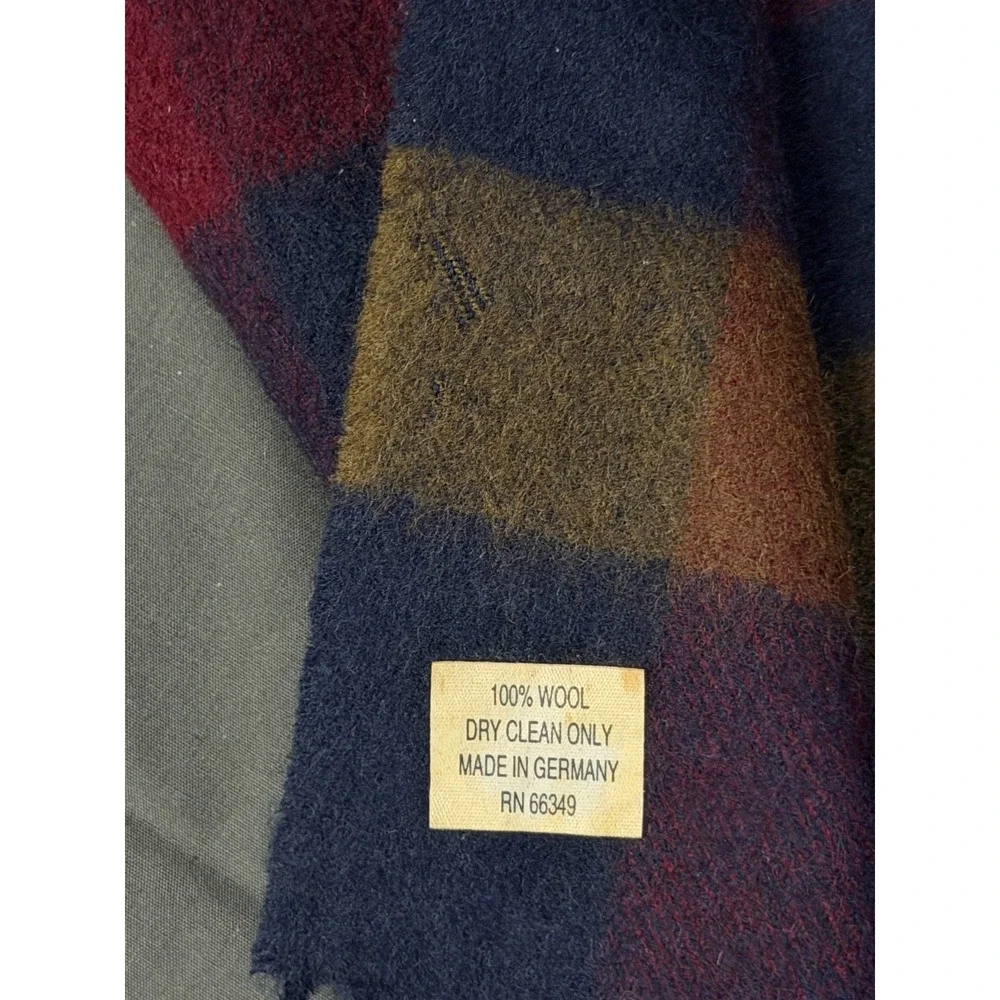 Perry Ellis 100% Wool Scarf Plaid Check Navy Burgundy Fringe Made in Germany